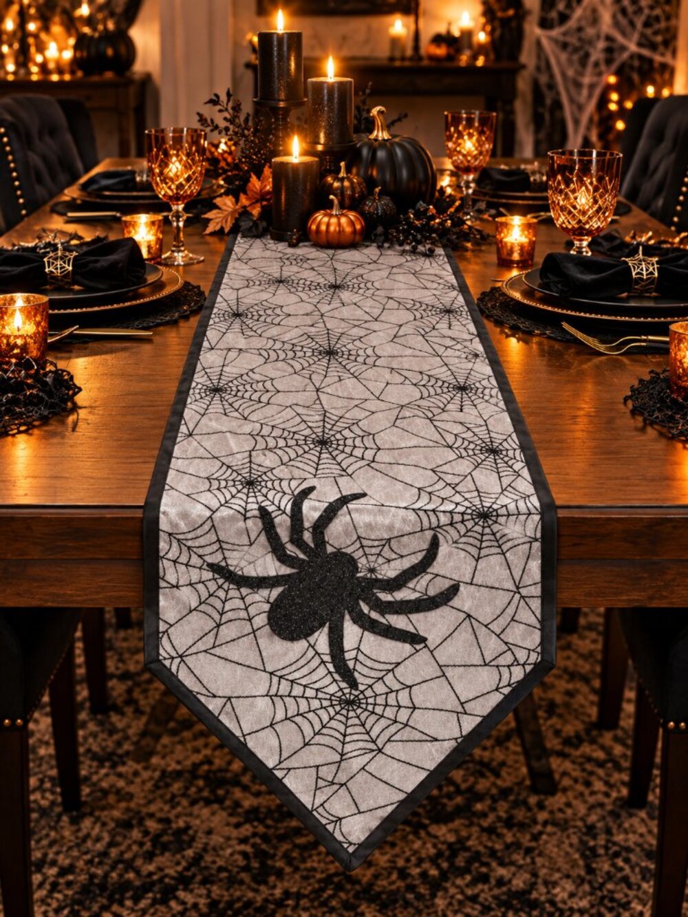 Liberty Halloween Spider Table Runner 13x72" Webs Spooky Scary Black Gray Party